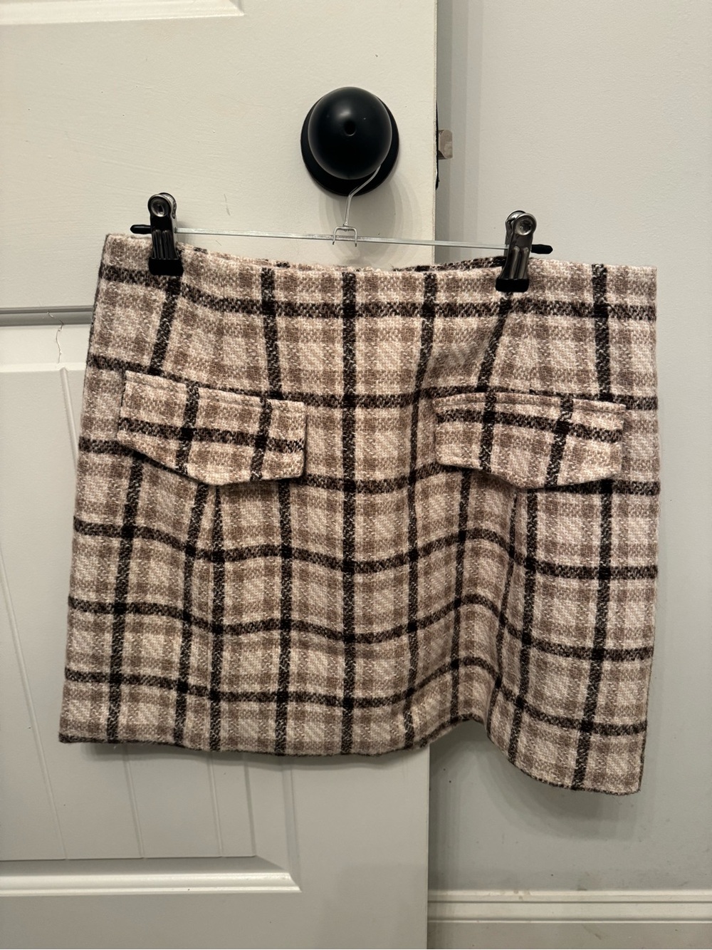Beige and Brown Plaid Mini Skirt with Front Flap Pockets
